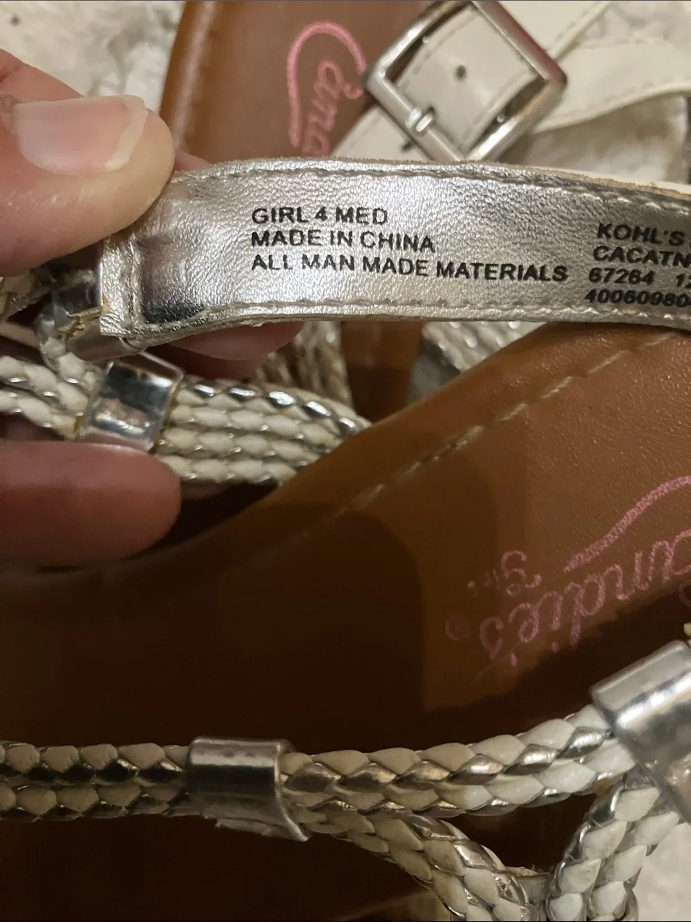 Candie's Braided Silver T-Strap Sandals with Brown Footbed